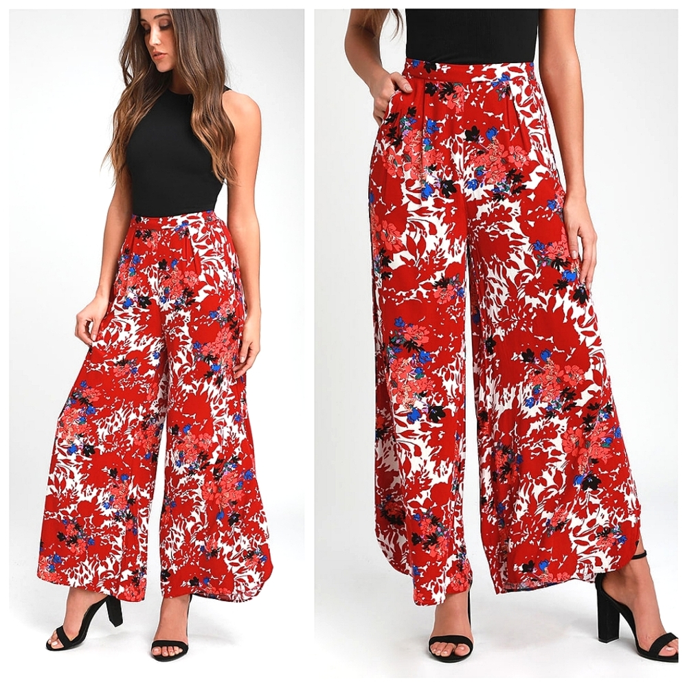 Free People Late Night Red Floral Wide Leg Pants